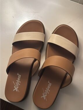 Xappeal Women’s Tan and Cream Double-Band Slide Sandals
